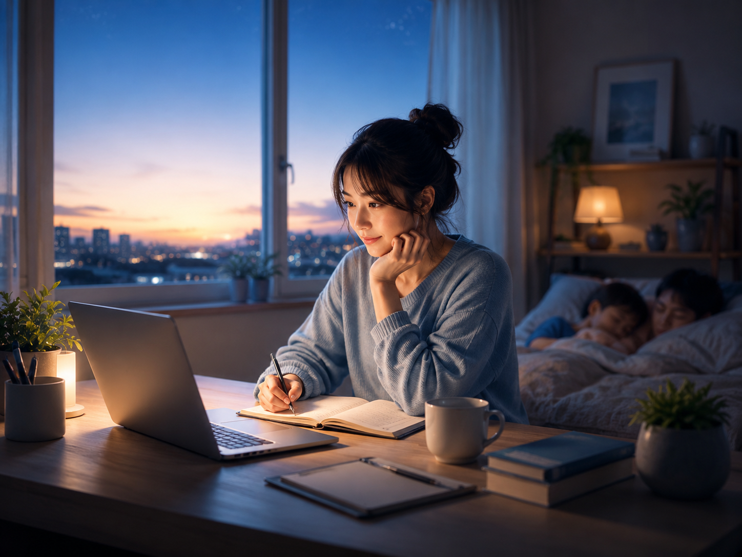朝の光が入るデスクでAI情報を整える様子