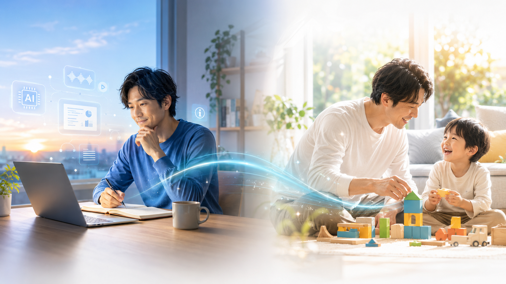 朝にAIで学び、日中は家族との時間を大切にする暮らしのイメージ