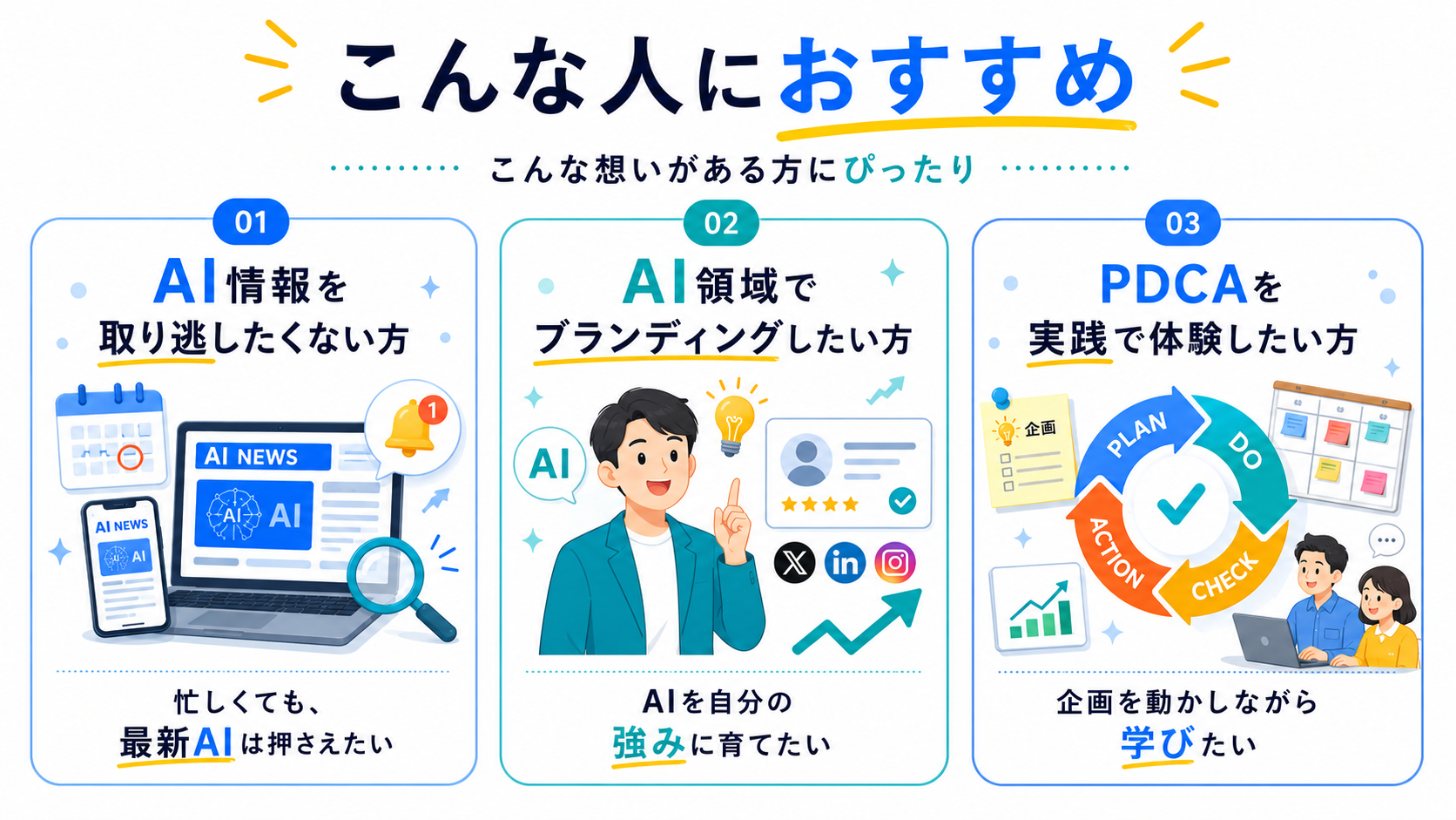 こんな人におすすめ：AI情報を取り逃したくない方／AI領域でブランディングしたい方／PDCAを実践で体験したい方